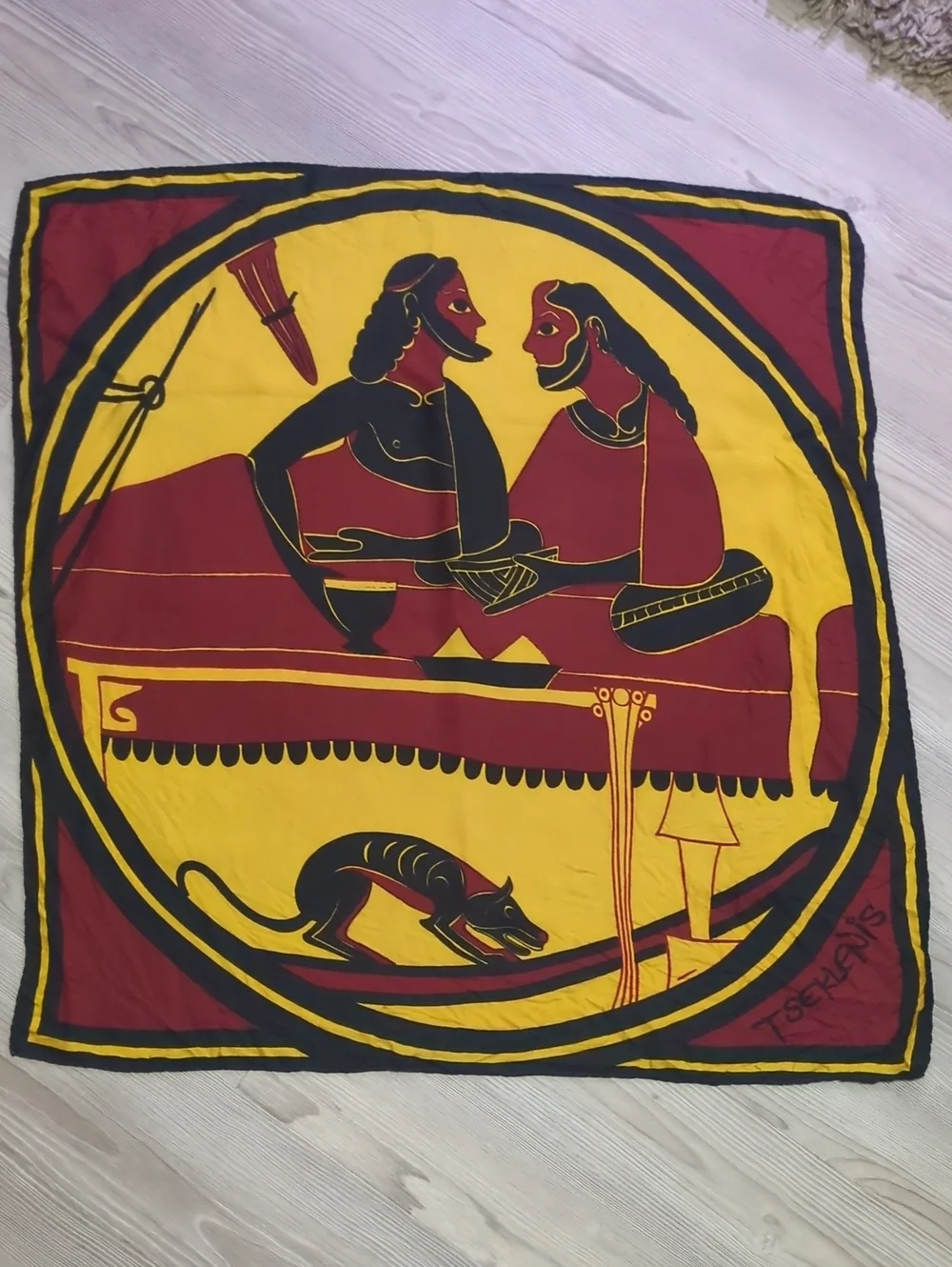 Vintage Yannis Tseklenis Metaxa Greek Banquet Scene Scarf Signed Ancient Art